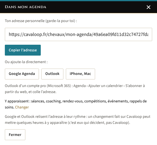 Ouvre « Synchroniser dans mon agenda »